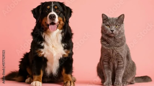 A Bernese Mountain dog sits beside a grey cat against a pink backdrop