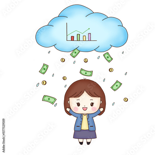 Cute woman enjoying money rain