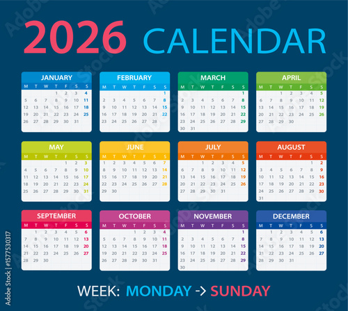 2026 Calendar - vector illustration, Week starts on Monday