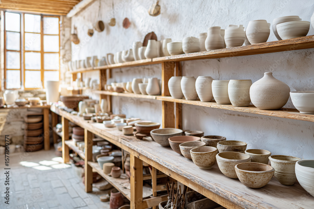 Fototapeta premium Pottery workshop interior with shelves full of handmade ceramic vases and bowls, natural daylight, 
