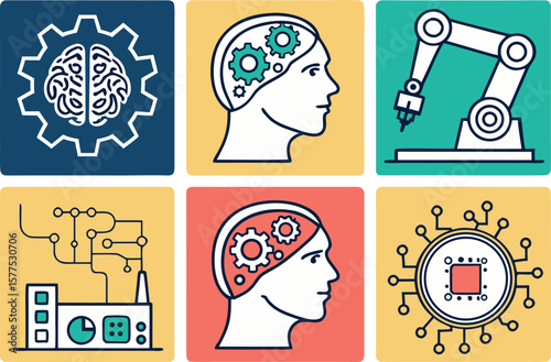 Tech icon set inside squares: brain chip, neural network, data flow, robot head, machine code, automation arm.