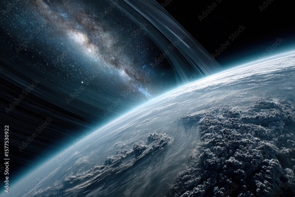 Fototapeta premium Stunning view of planet with rings and distant galaxy in the background from outer space