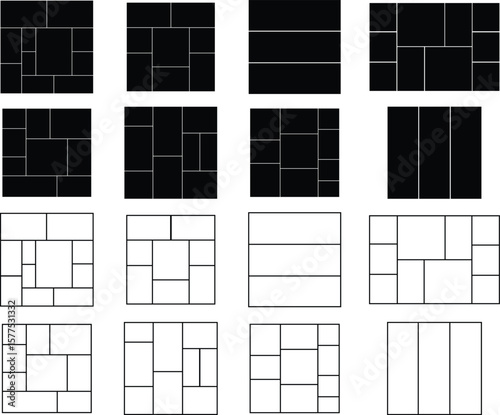 Grid and collage layout vector icons set, photo frames, mosaic, and template collection, solid and outline graphic group, editable design elements for creative, web, and decorative projects