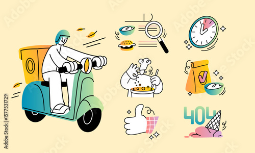 Food delivery service. Site icon. Scooter courier. Online order search. Fast cooking and express shipping. Kitchen chef. Approved meal. Clock timer. UI food design. Web error. Vector promo signs set