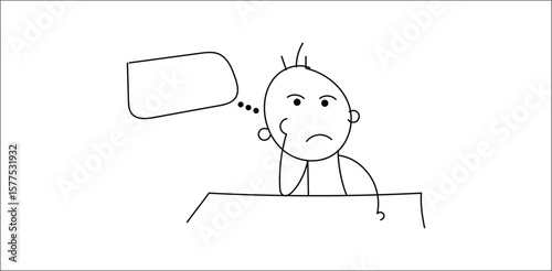 Sad cartoon child sitting at desk with empty speech bubble – transparent background illustration symbolizing silence, lack of motivation, communication breakdown, or emotional stress.
