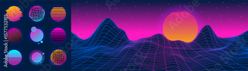 Wave mountain. Retro neon sun. Wireframe terrain. Glitch grid. Sunset horizon. 80s digital landscape. Sci-fi night design. Mesh space moon. Planet surface. Vector futuristic garish scenery background