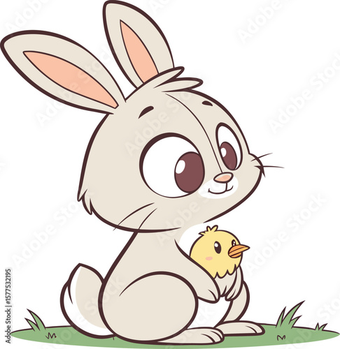 Cute Easter Bunny Holding Baby Chick on Grass – Whimsical Spring Cartoon Illustration for Holiday, Kids, Greeting Cards, and Festive Seasonal Designs