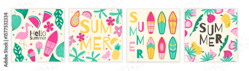 Summer pattern design. Flat sea fun, sun, tropical fruit, beach icon. Geometric pack print. Retro vacation banner. Abstract poster. Textile, wrapping paper, wallpaper. Vector texture garish background