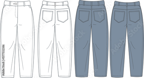Tapered jeans flat sketch, front and back view, denim pants technical drawing, vector fashion template, casual trouser design illustration