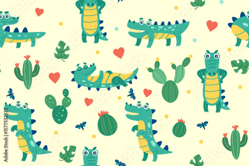 Crocodile pattern. Baby cartoon reptile background, cactus, green grass, desert funny animal. Hand drawn kids fabric. Doodle seamless repeat. Wrapping paper, wallpaper. Vector nursery tidy textile