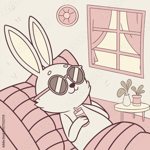 Cool Easter Bunny Relaxing Indoors with Sunglasses and Drink – Cute Cartoon Illustration for Spring Holiday, Greeting Cards, Kids Decor, and Fun Seasonal Designs
