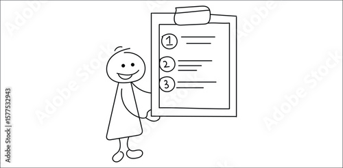 Child showing a checklist with three tasks – minimalist cartoon style on transparent background representing organization, planning, learning, or schoolwork completion in a fun and structured way.
