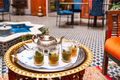 Traditional mint tea in Morocco served in teapot