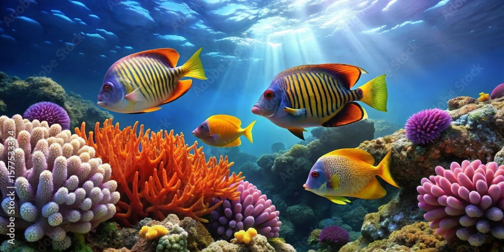 Fototapeta premium Vibrant Reef Scene Featuring Colorful Fish and Lush Coral Formations in a Sunlit Underwater Paradise