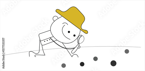 Cute stick figure child wearing a big cowboy hat in playful pose – hand-drawn cartoon character on transparent background representing imagination, costume play, and fun dress-up moments.
