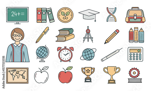 school icons vector set with education pencil bag and office symbols illustration