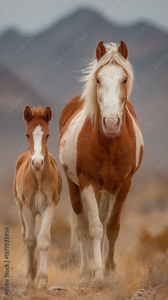 Obraz premium Mother horse and her foal walking together in a serene landscape at sunset in a natural setting