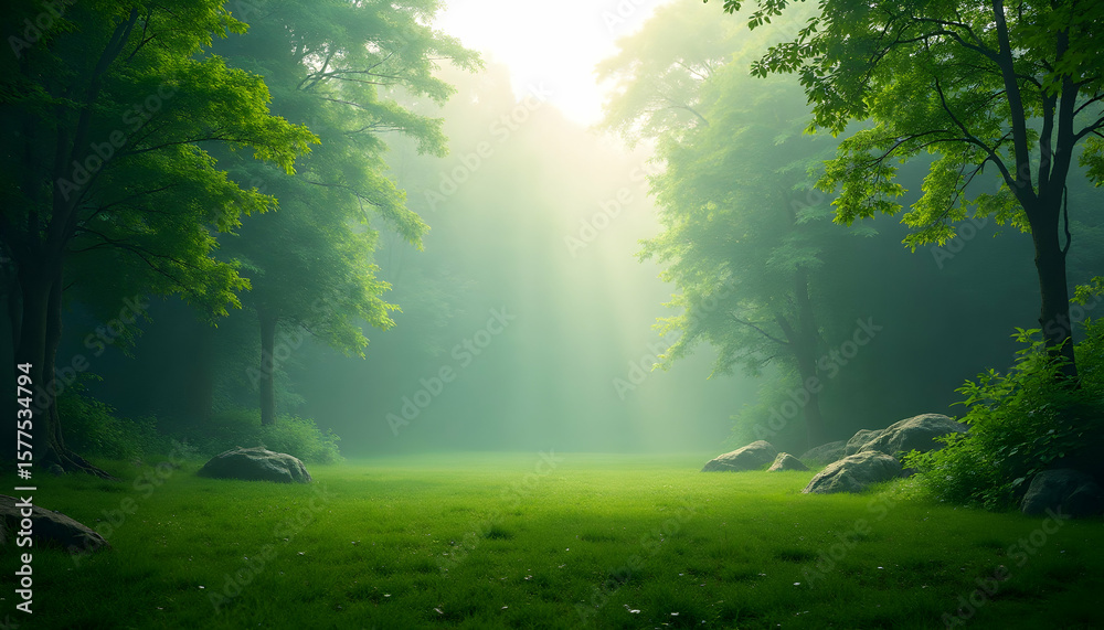 Obraz premium Sunlight Streaming Through Green Forest Clearing