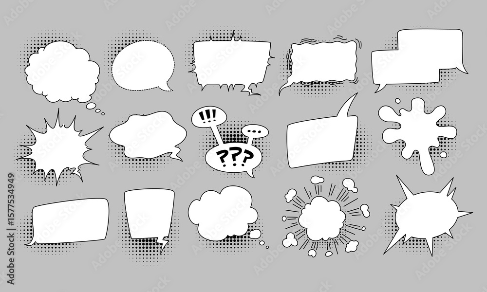 Obraz premium Cartoon speech balloon. Comic bubble halftone. Pop art exclamation. Retro dialog cloud, message sound, talking comic effect. Empty frame or banner with copy space. Vector communication isolated frame