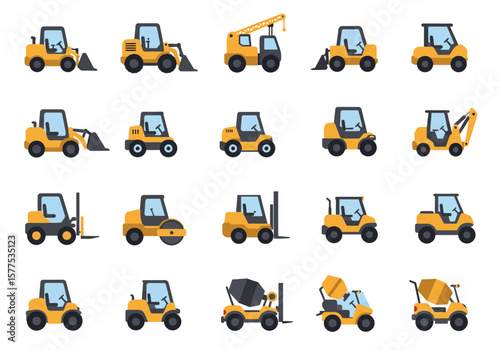 Diverse Construction Icon Set Vector Illustrations of Heavy Machinery and Industrial Vehicles for Site Development