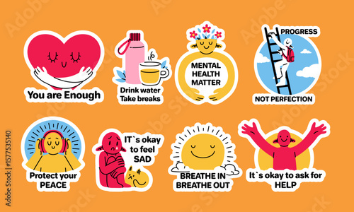 Motivation stickers. Mental health awareness. Positive mind. Wellness messages. Psychology healing badge. Self-care and recovery. Emotional support. Motivational text phrases. Vector cartoon icons set