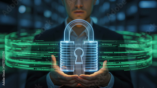 Cybersecurity Assurance: A poised individual cradles a digital padlock, symbolizing robust protection and data security within an IT infrastructure.