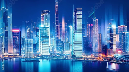 Urban Cityscape with Abstract Light Rays and High-Tech Visualization, Technology Background.