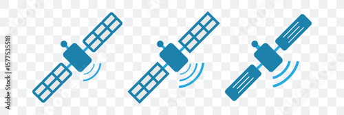 Blue Communication Satellite Icon with Solar Panels and Emitting Signal Waves