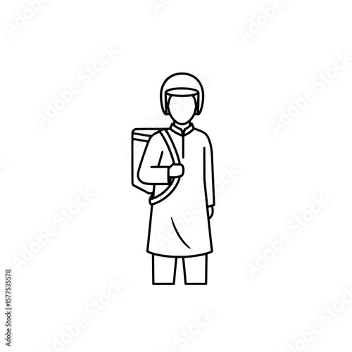Line art of a person with a backpack in traditional clothing