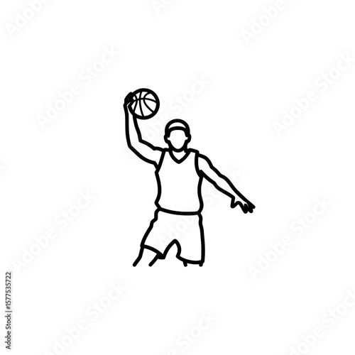 Line art person playing basketball with ball and sports attire