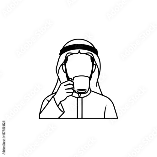 Person drinking from a cup with headphones on minimal line art