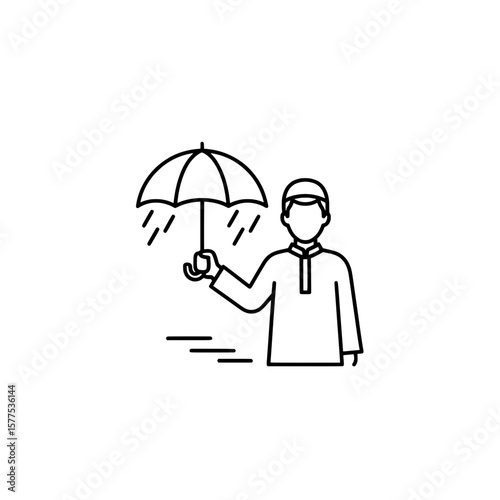 Person holding umbrella in rain outline drawing