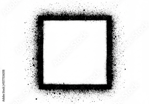 Black spray paint square frame with scattered dots on white background