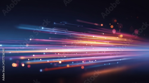 Vibrant abstract light trails create a dynamic visual effect, representing speed and motion in a dark background.