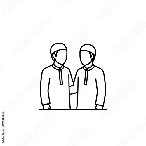 Line art of two men in traditional clothing facing each other
