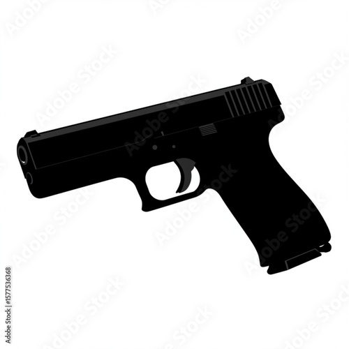 Black silhouette of a modern semi automatic handgun pistol on a white background