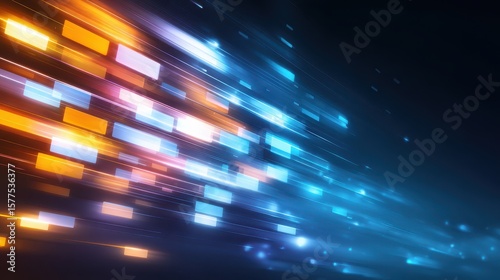 Vibrant streaks of colored light create a dynamic abstract background, evoking energy and movement in a digital space.