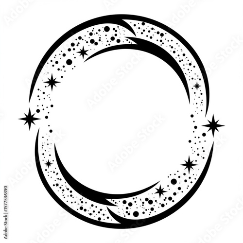 Circular cosmic design with stars and stardust trails in black and white