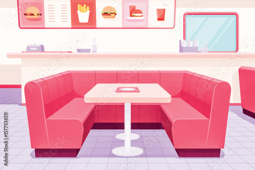 Pink diner booth with menu and food illustrations table