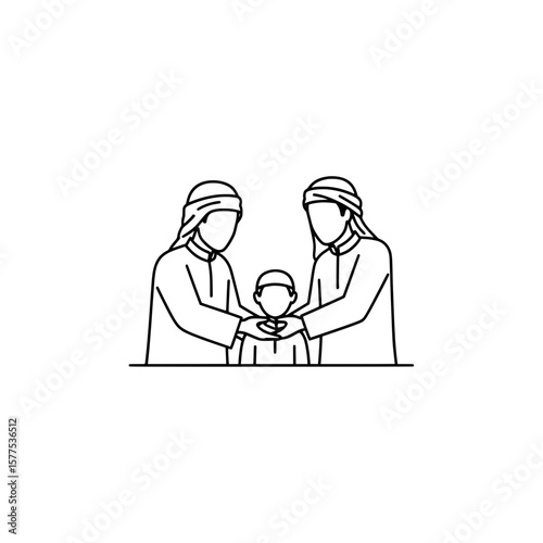 Line art depiction of children with an adult caring for a child