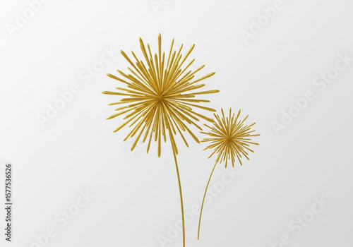 Two golden abstract starburst flowers on thin stems against a white background