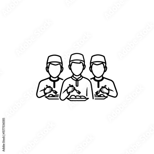 Line art of three chefs in chef hats and aprons holding plates with food