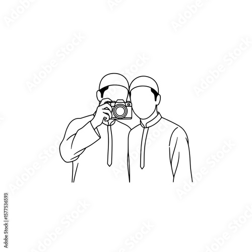 Two men taking a photo with a camera in a line art style