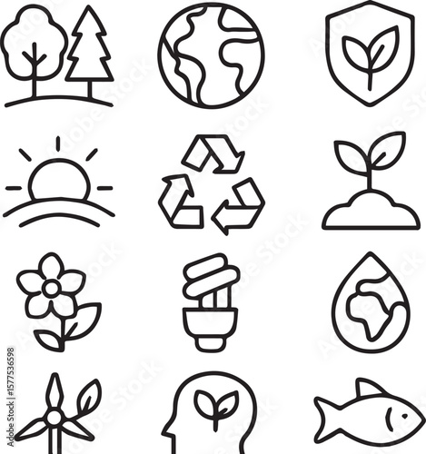 Environment icon collection. Minimalist editable vector stroke.line art vector illustration. Forest vector line icon set. Pictograms of energy, forest, al, ecosystem 