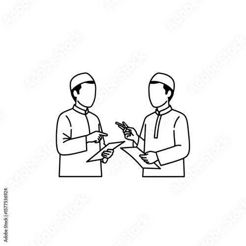 Two people discussing documents with digital devices