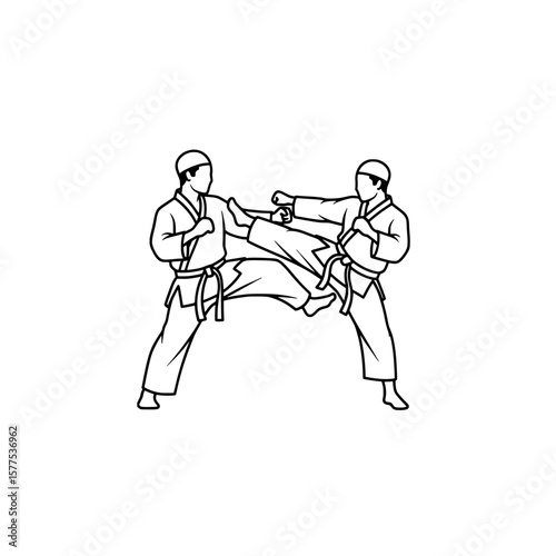 Martial arts sparring with two fighters in uniforms and protective gear