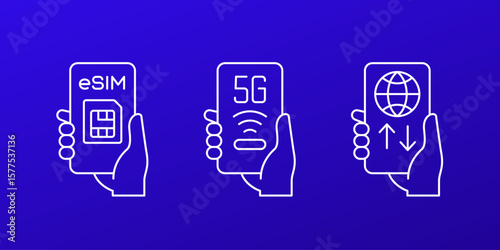 Esim, 5G, Data roaming line icons with mobile phone in hand