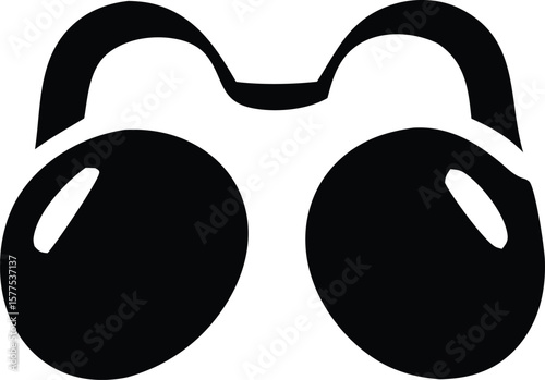 Stylized black silhouette of cartoonish eyeglasses with large oval lenses and a thick curved bridge against a white background