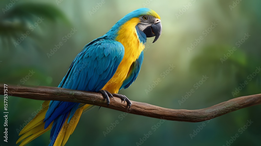 Obraz premium Vibrant Blue and Yellow Macaw Perched on Branch in Lush Jungle