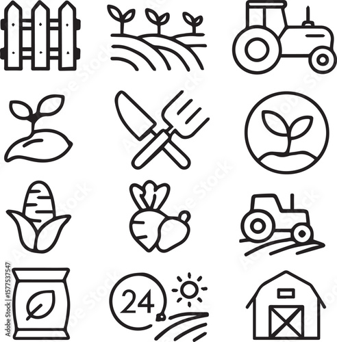 Agriculture icon collection. Related to garden, land, tractor, veg, plant, bio, grow, farming and more.line art vector illustration. Farming icons.